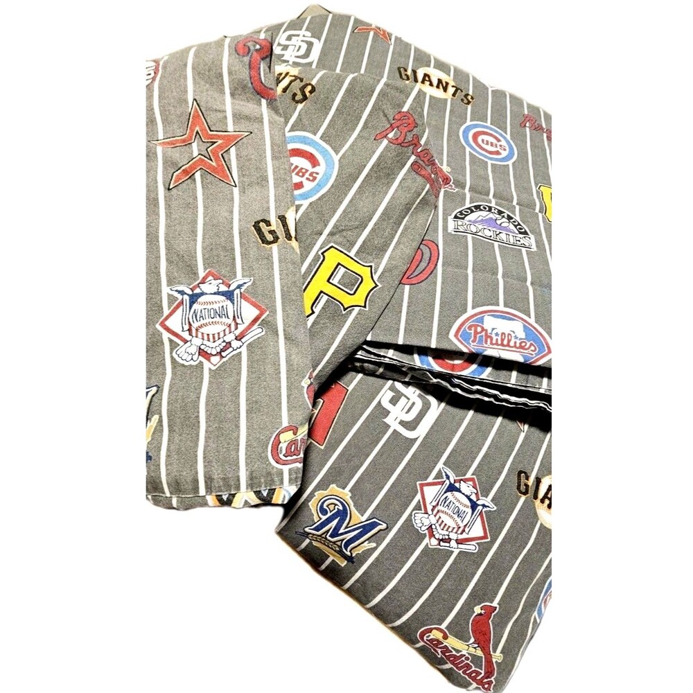 PBteen MLB Baseball Sheet Set Full Double Sports Team Logos Gray Pinstripe...